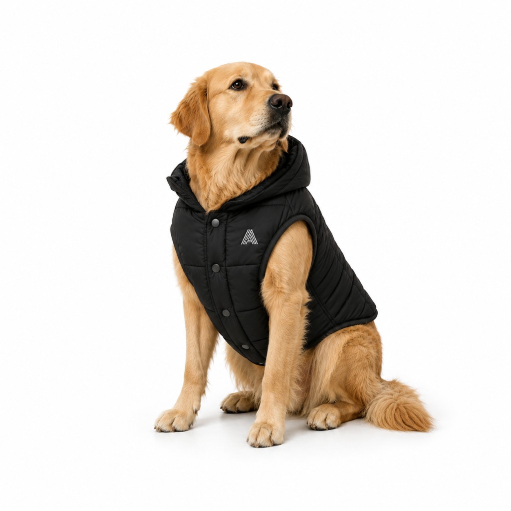 Golden retriever con casaca puffer negra ANIMALE
