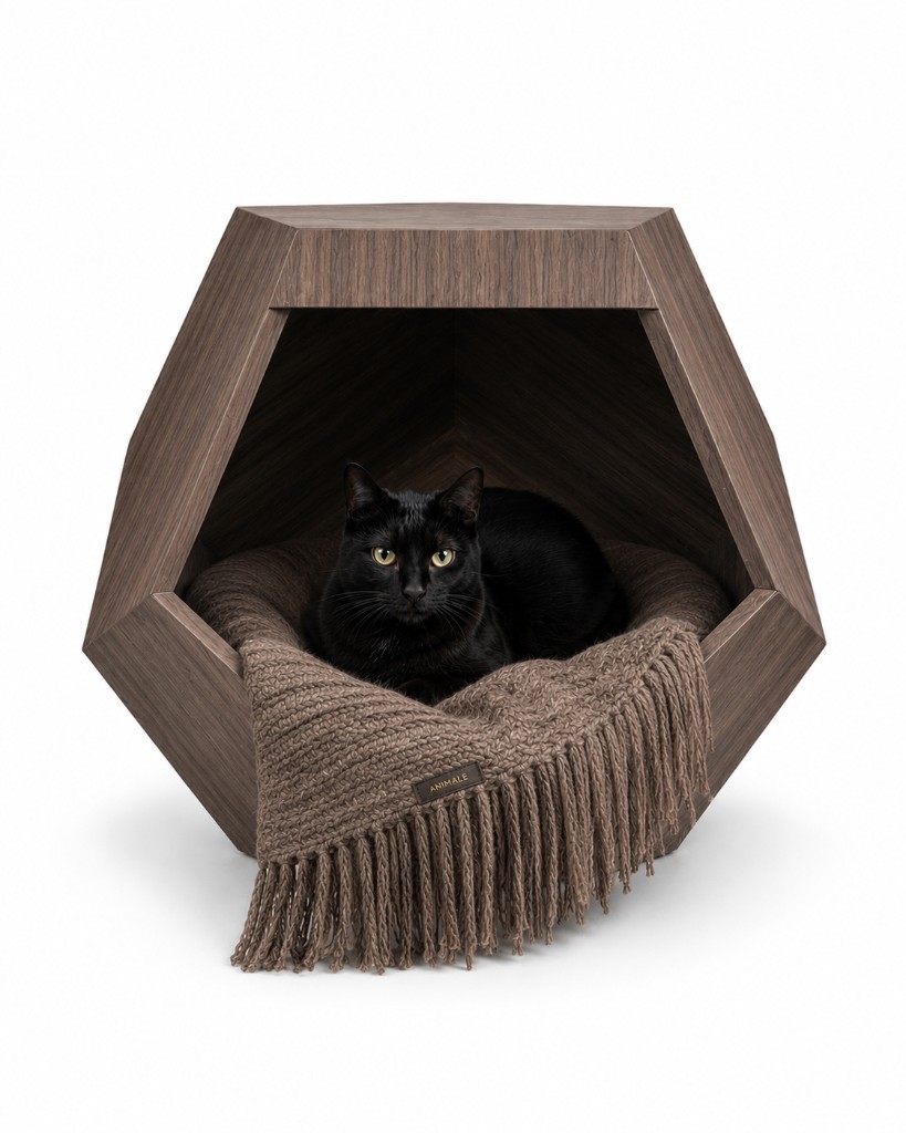 Casita geométrica de madera con manta tejida ANIMALE y gato negro