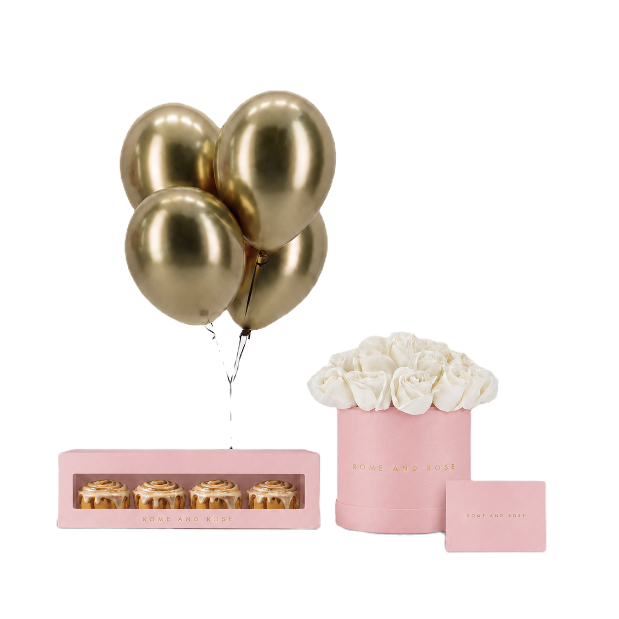 Desayuno Borgoña Blue — caja rosa con rosas blancas