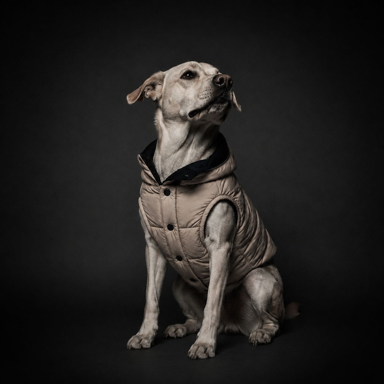 Perro negro con casaca puffer beige en estudio fotográfico oscuro